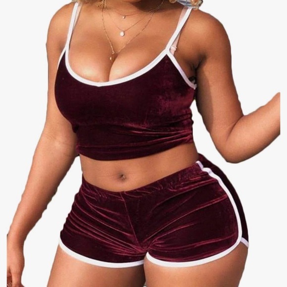 burgundy velvet booty rave shorts bottoms tank top set yoga gym workout sport